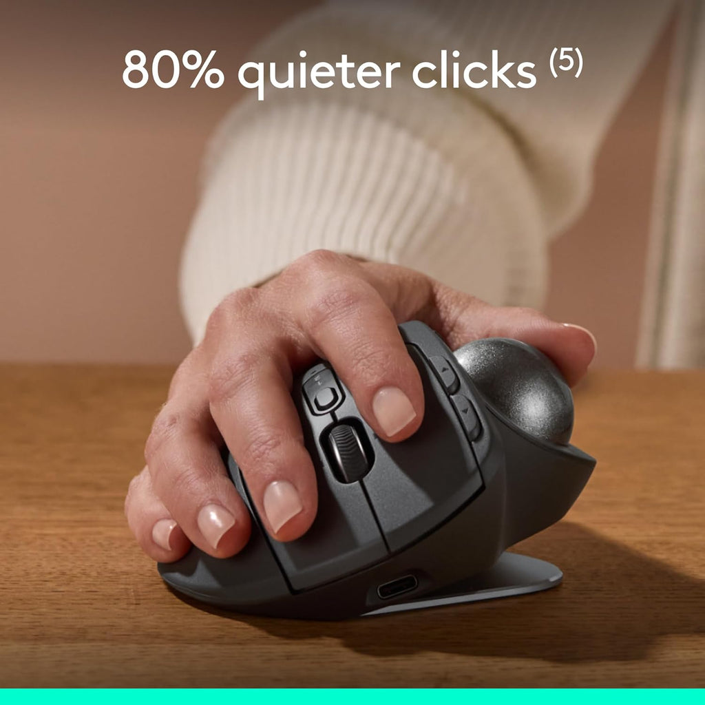 Logitech MX Ergo S Advanced Wireless Trackball Mouse, USB-C Rechargeable Wireless Ergonomic Mouse with Bluetooth and Encrypted Dongle, 6 Programmable Buttons, for PC/Mac - Graphite