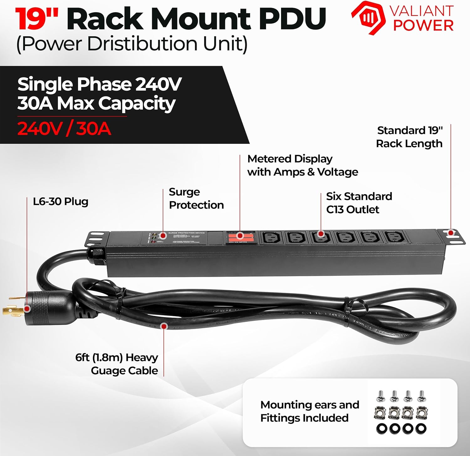 Rack Mount Power Strip - 240V 30A Single Phase PDU with Built-in Surge Protector, Volt & Amp Meter for Data Center - 19” Metal Housing, Ears & Fittings Included, 6' Cable, 6 Outlets