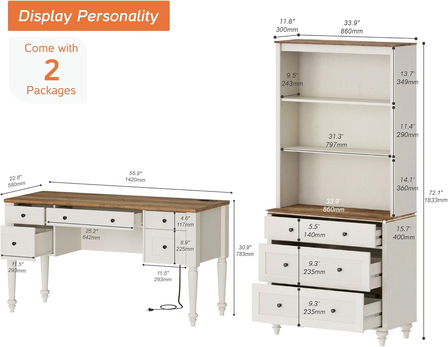 WAMPAT Home Office Furniture Set, 56" Executive Desk with Charging Station, 72" Tall Bookcase with 3 Drawers, Wood Computer Desk with File Cabinet Storage, Open Shelf, White
