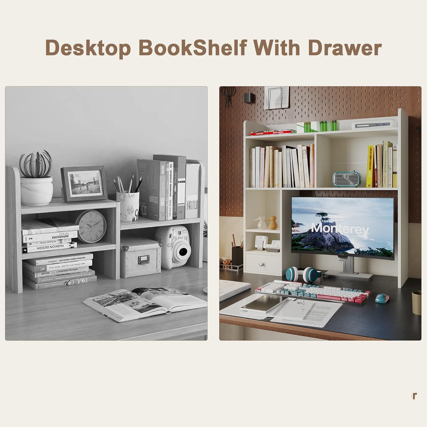 ChooChoo Desktop Bookshelf with Lights, 36.4" Tall Countertop Desk Hutch with 5 Shelves and 1 Drawer for Computer Desk, Desk Shelf Organizer for Dorm Office Home,White