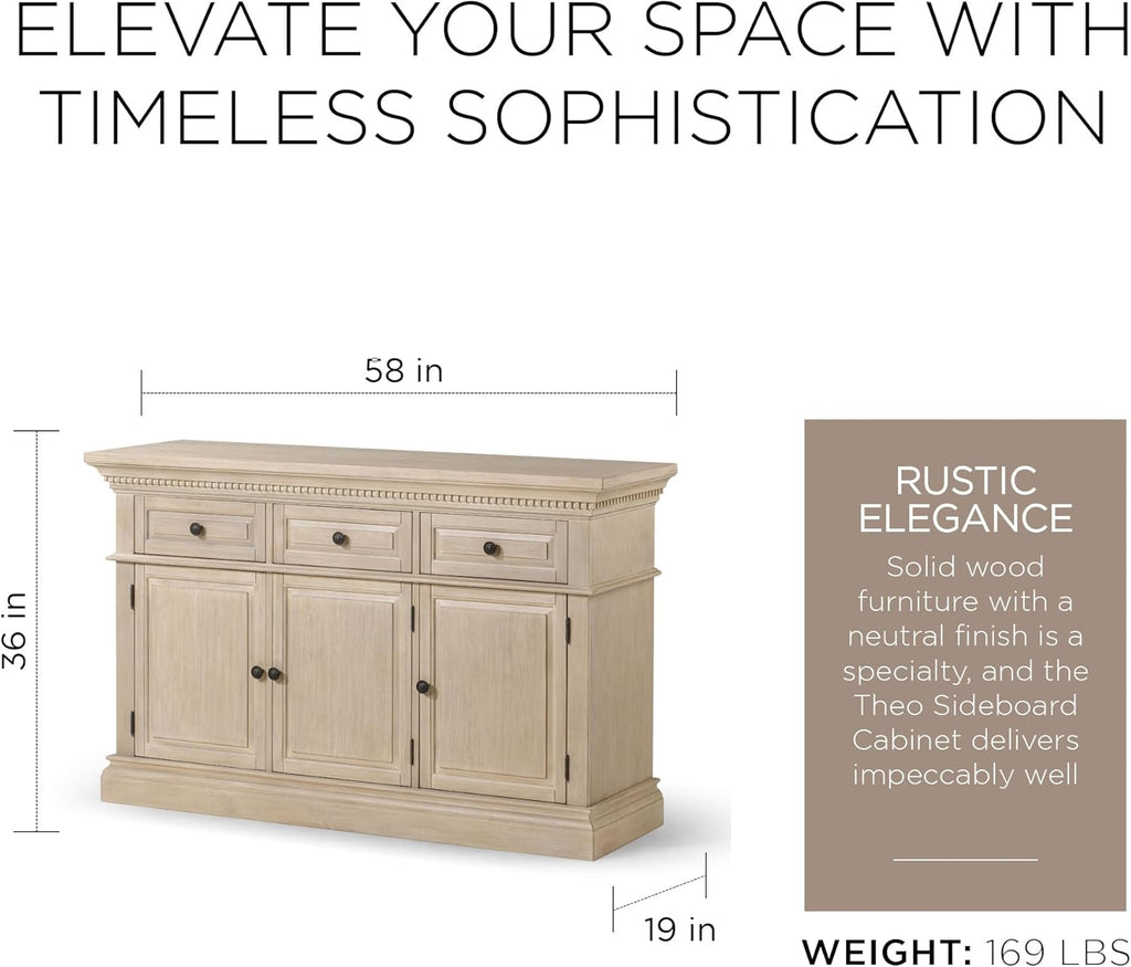 Maven Lane Theo Traditional Large Wooden Sideboard, Accent Buffet Server Table with Doors for Kitchen or Living Room in Antiqued White Finish