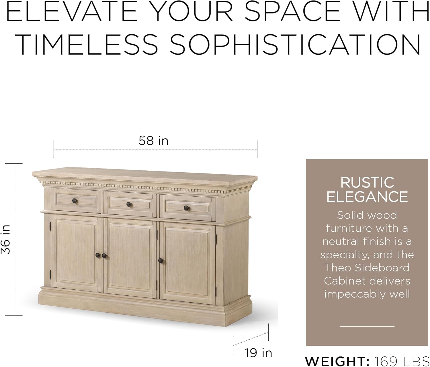 Maven Lane Theo Traditional Large Wooden Sideboard, Accent Buffet Server Table with Doors for Kitchen or Living Room in Antiqued White Finish