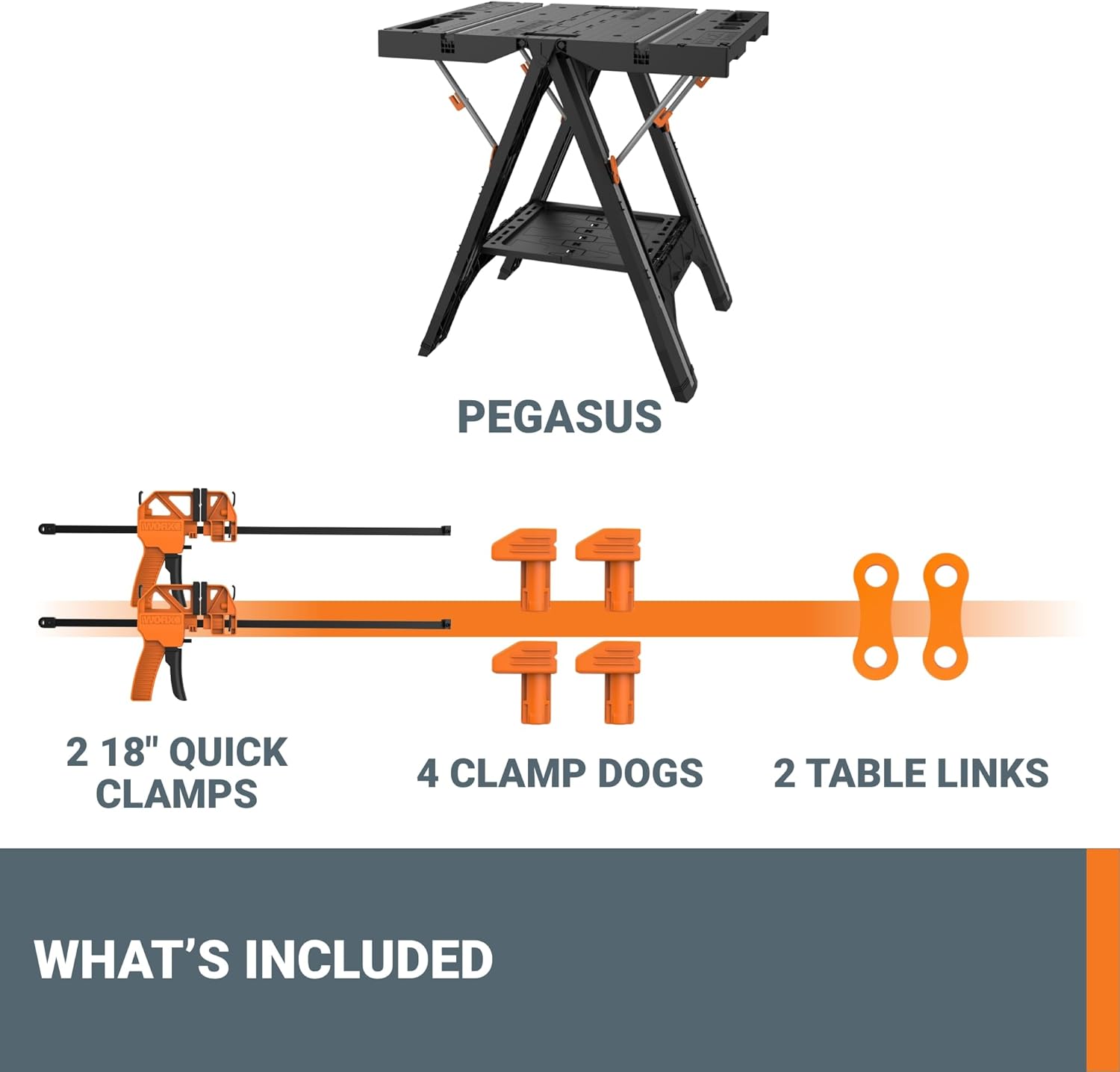Worx Pegasus 2-in-1 Folding Work Table & Sawhorse, Easy Setup Portable Workbench, 31" W x 25" D x 32" H Lightweight Worktable with Heavy-Duty Load Capacity, WX051 - Includes 2 Clamps & 4 Clamp Dogs