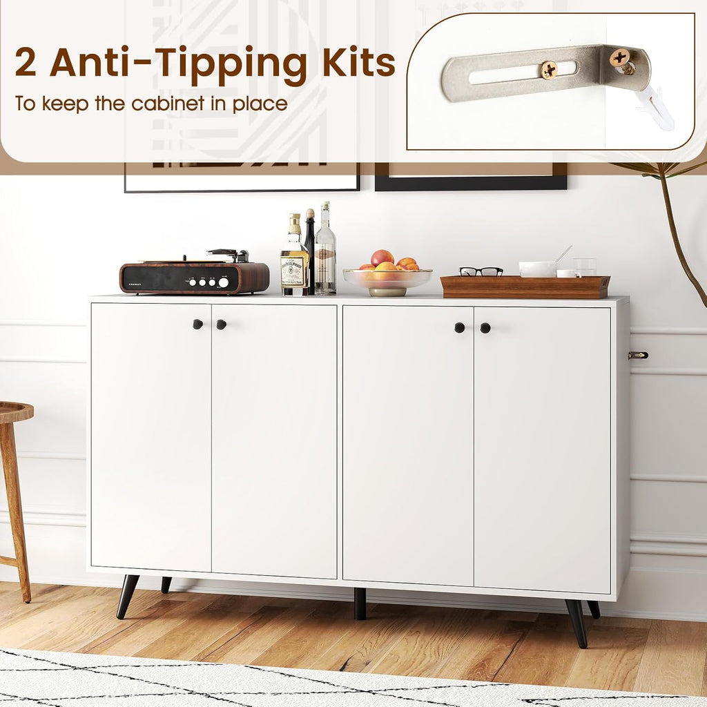 Giantex Sideboard Buffet Cabinet, 50'' Accent Kitchen Storage Cabinet with 4-Door & 5-Position Adjustable Shelves, Modern White Sideboard with 5 Support Legs, Buffet Table for Coffee Bar, Living Room