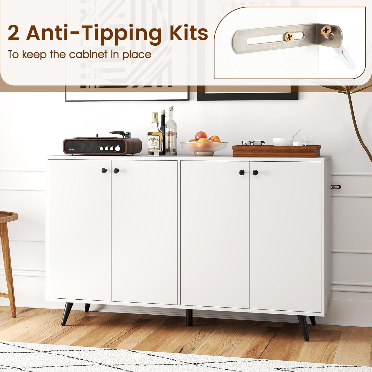 Giantex Sideboard Buffet Cabinet, 50'' Accent Kitchen Storage Cabinet with 4-Door & 5-Position Adjustable Shelves, Modern White Sideboard with 5 Support Legs, Buffet Table for Coffee Bar, Living Room