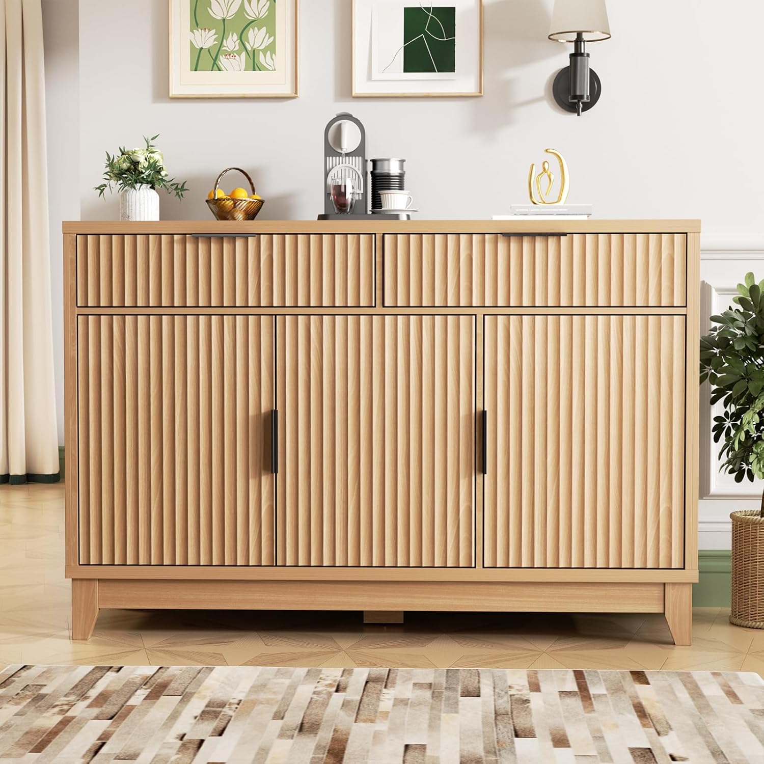 Vabches Modern Sideboard Buffet Cabinet with Storage, Long Credenza Storage Cabinet with Drawer, Fluted Doors & Adjustable Shelf, Wood Buffet Table for Living Room, Kitchen Dining Room, Entryway, Oak