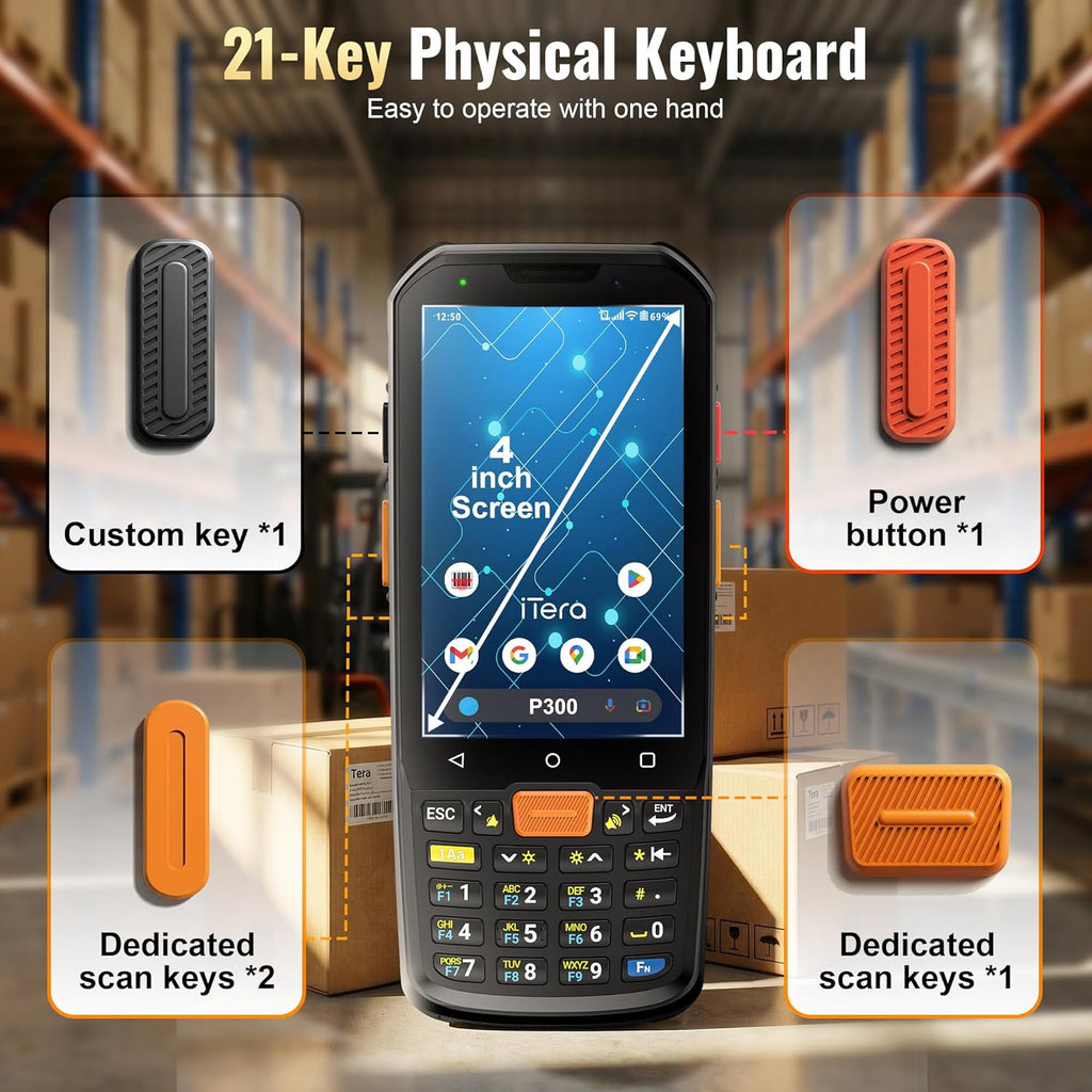 Android 13 Barcode Scanner PDA: HS7 Scan Engine 4" Touch Screen 21 Keys Keypad IP66 Waterproof 6FT Drop 5100mAh Battery with Fast Charging Warehouse Handheld Computer P300