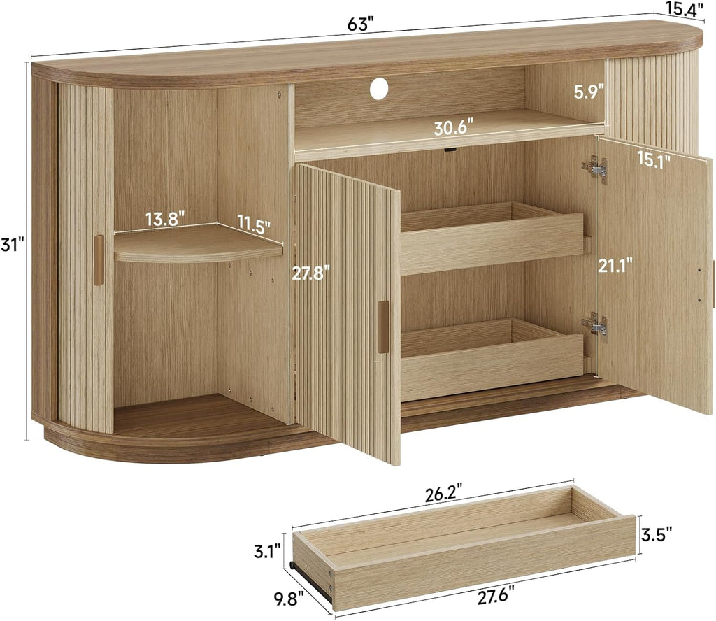 63" Sideboard Buffet Cabinet with Storage, Modern Fluted Accent Credenza with Sliding Doors, Drawers and Adjustable Shelves, Wood Coffee Bar Console Table for Kitchen, Living Room, Enrtyway (Oak)