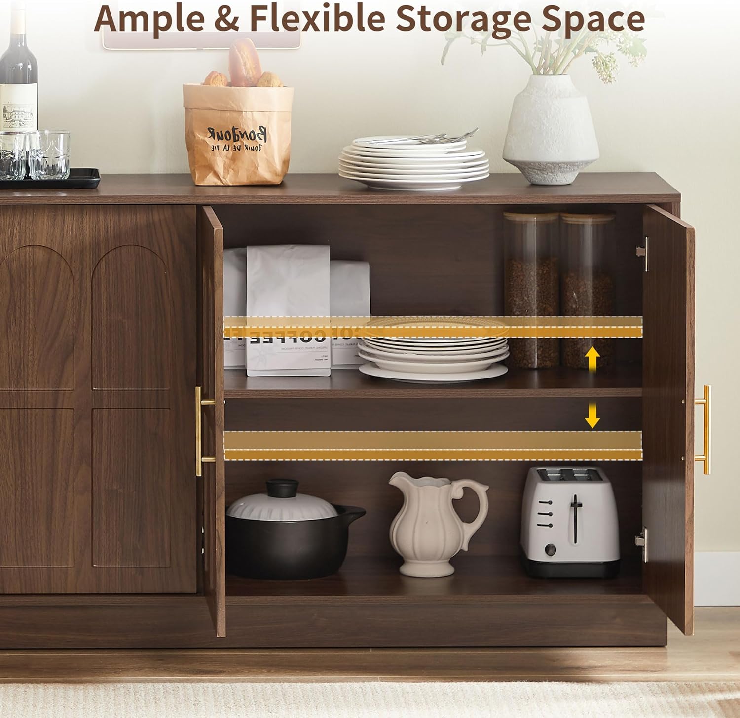 66.5" Sideboard Buffet Cabinet with Storage, Modern Credenza with Arched Doors, Large Wood Accent Cabinet for Living Room Entryway (Walnut)