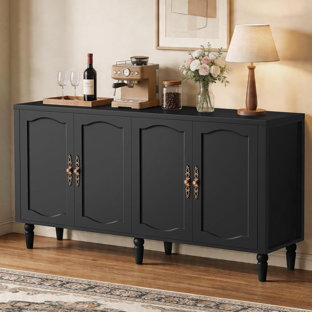 fineway 63" Sideboard Buffet Cabinet with Storage, Mid Century Modern Credenza with Adjustable Shelves & Carved Handles, Kitchen Buffet Table Large Coffee Bar for Dining Room & Living Room, Black