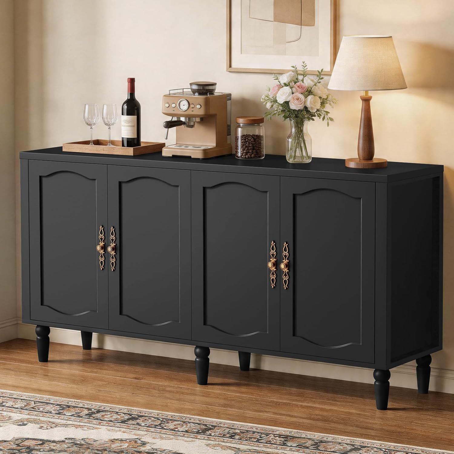 fineway 63" Sideboard Buffet Cabinet with Storage, Mid Century Modern Credenza with Adjustable Shelves & Carved Handles, Kitchen Buffet Table Large Coffee Bar for Dining Room & Living Room, Black