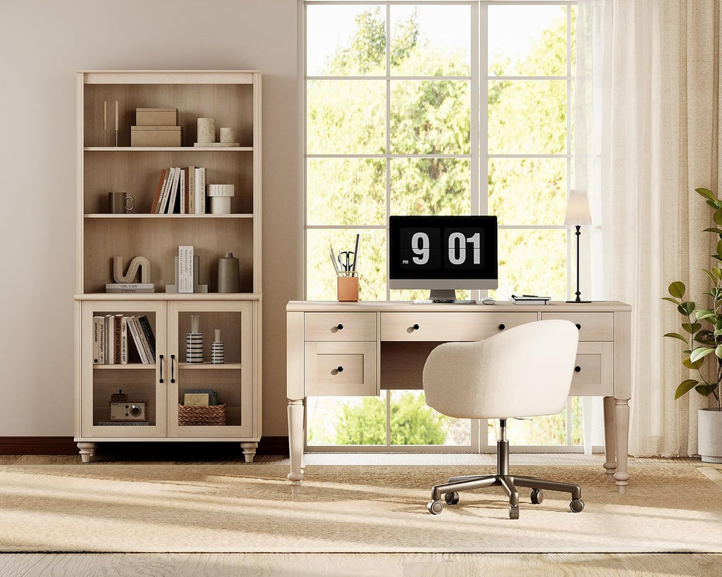 WAMPAT Home Office Furniture Set, 56'' Executive Desk with Charging Station, 72" Tall Bookcase with 2 Glass Doors, Wood Computer Desk with File Cabinet Storage, Open Shelf, Light Oak
