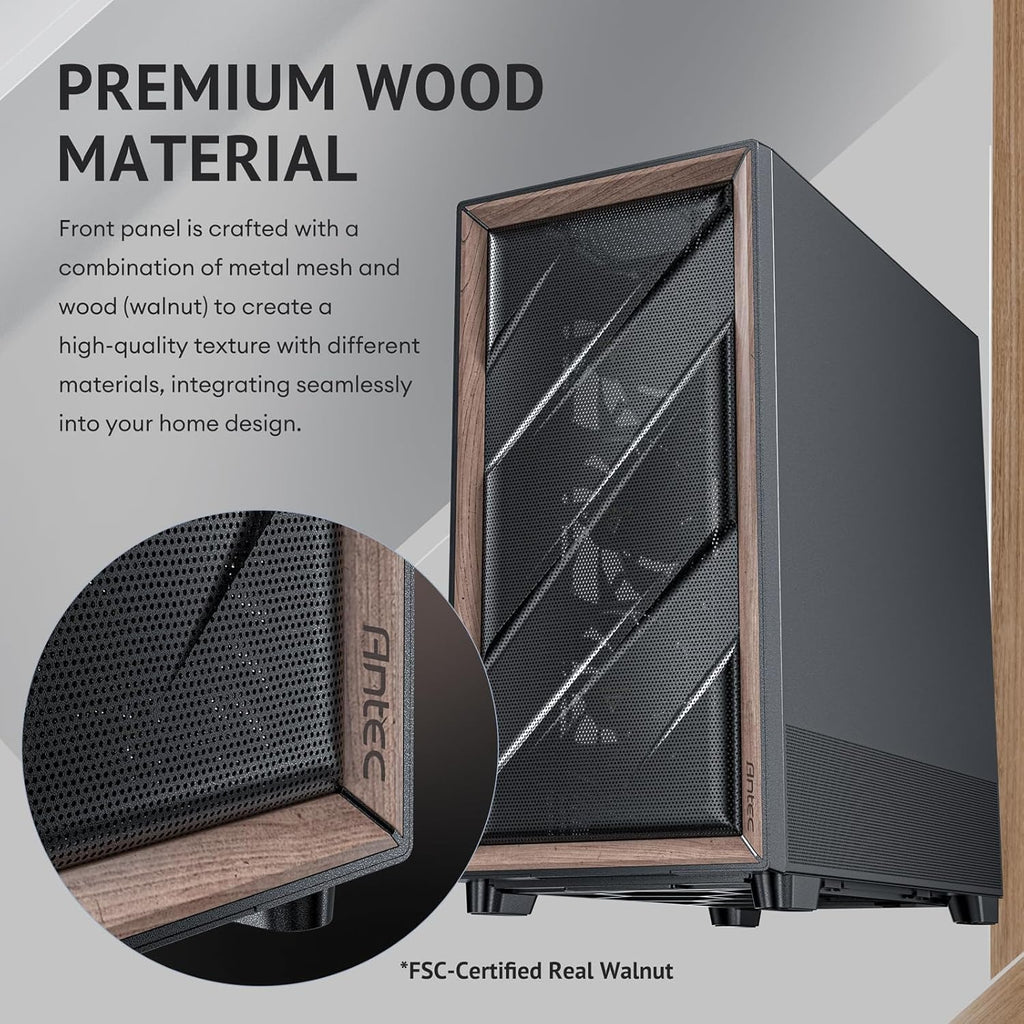Antec Flux Wood, 5 x PWM Fans Included, High-Airflow Front Panel with Walnut Wood, Type-C, 420mm Radiator & Back Connect Motherboard Support, Up to 9 Fans Simultaneously, Mid-Tower E-ATX PC Case