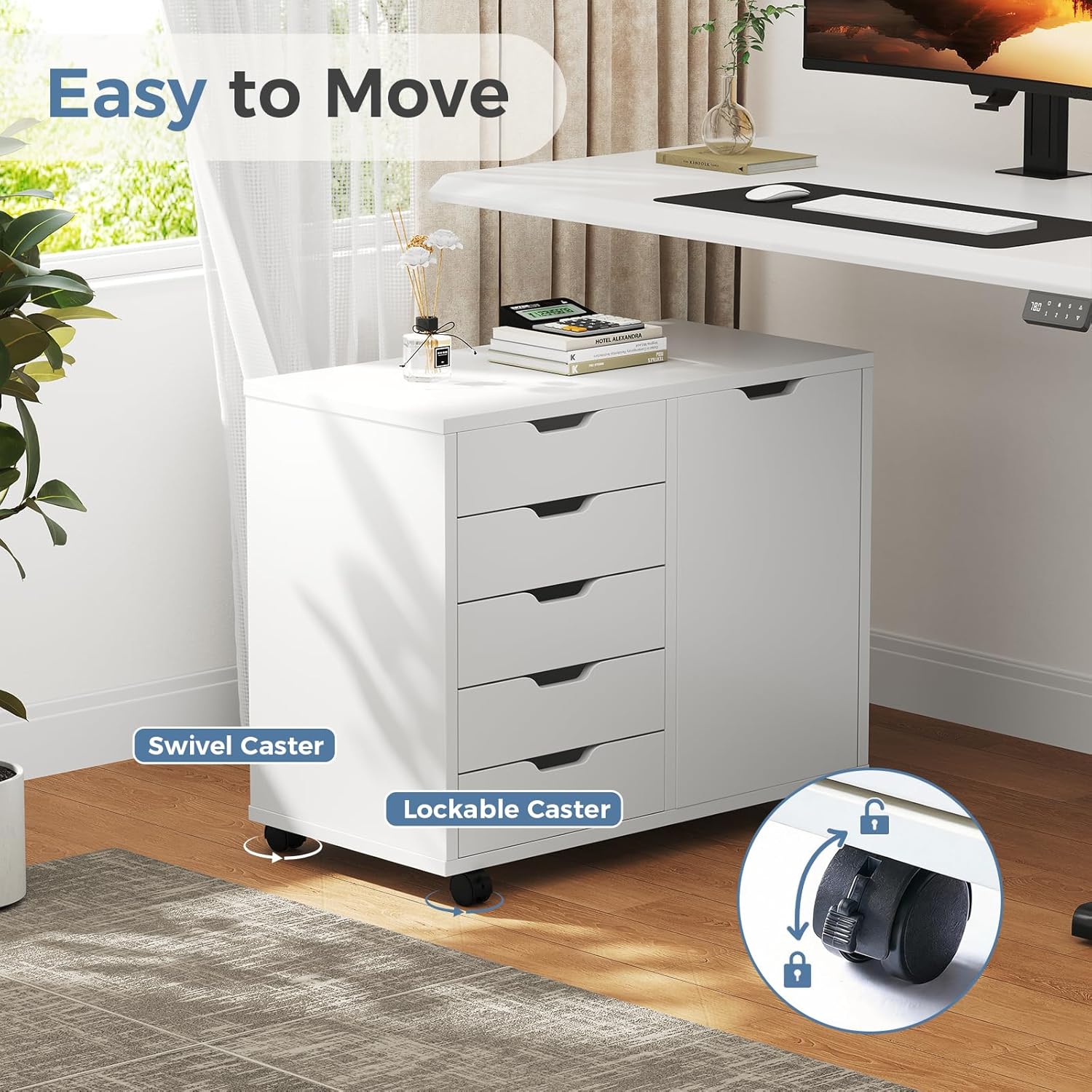 DUMOS 5 Drawer File Cabinet Office Drawers Organizer with Wheels Roliing, Under Desk Cabinets with Shelves and Door Printer Stand with Wood Board Metal Frame for Home Office Storage Craft Room, White