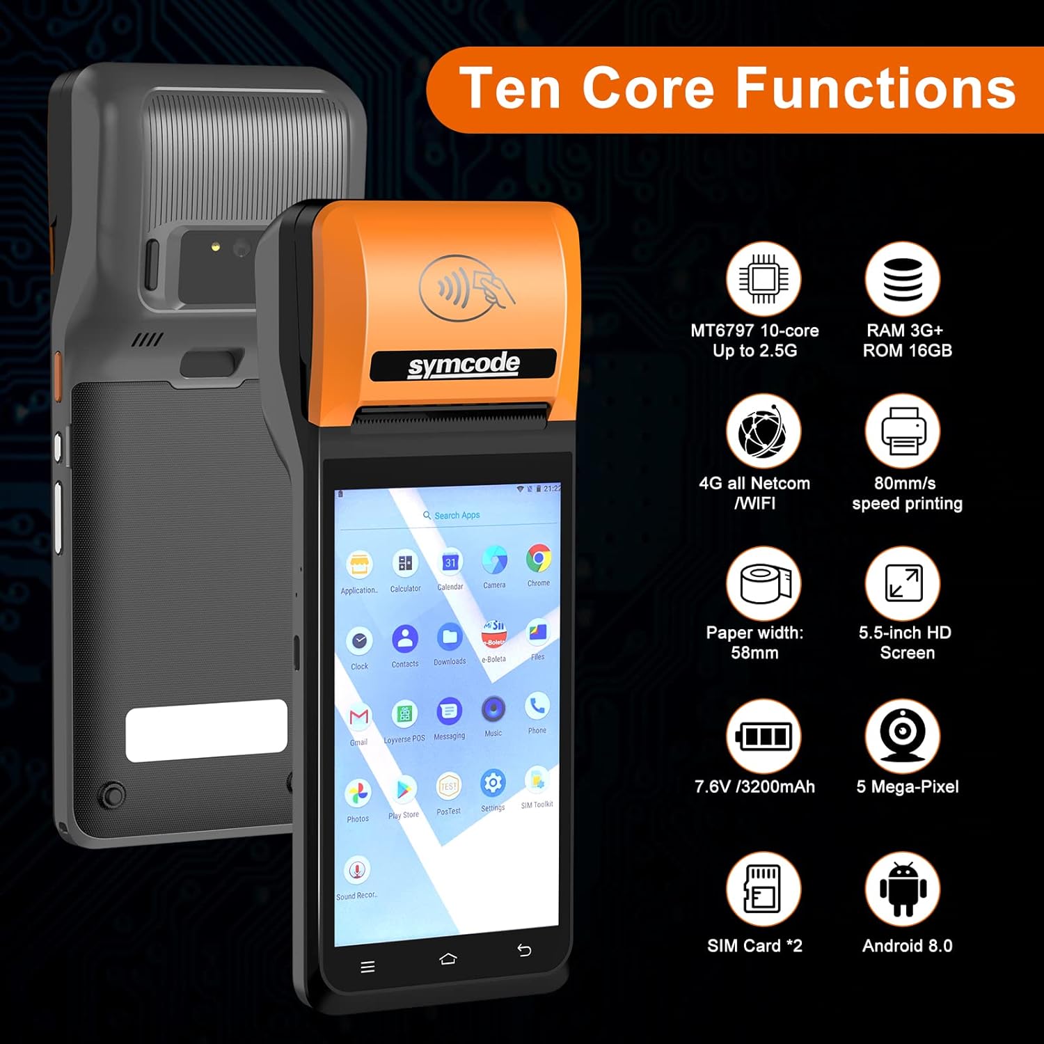 symcode POS PDA Thermal Receipt Printer,1D 2D Barcode Scanner Handheld PDA Printer Mobile POS Machine 5.5" Touch Screen 58mm Thermal Printer Android 8.1 Support 4G WiFi Bluetooth and NFC