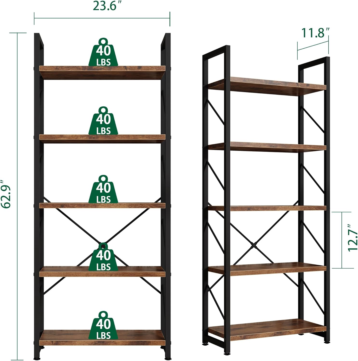 5 Tiers Bookshelf, Classically Tall Bookcase Shelf, Industrial Book Rack, Modern Book Holder in Bedroom/Living Room/Home/Office, Storage Rack Shelves for Book, Brown