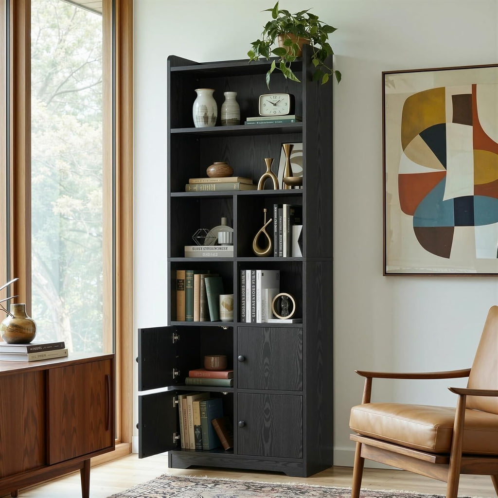 IRONCK Bookshelf with Doors, Book Shelf with Storage Shelves, 74.6 in Tall Bookcase for Home Office, Living Room, Bedroom, Black