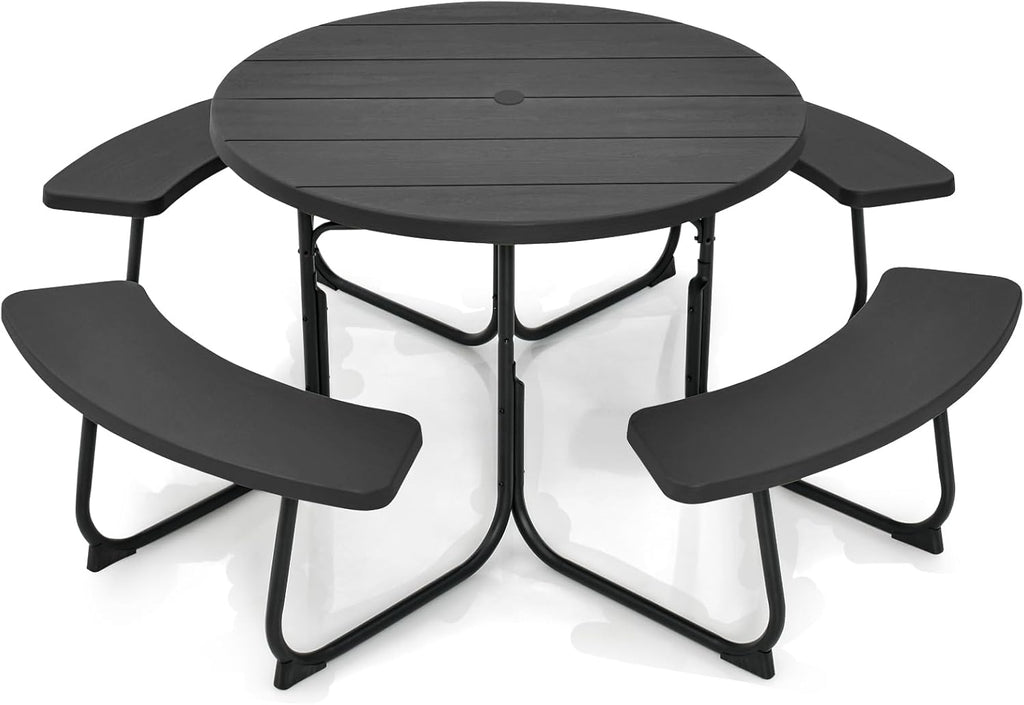 Tangkula 8 Person Picnic Table, Outdoor Round Picnic Table with 4 Built-in Benches, Umbrella Hole, Metal Frame & HDPE Tabletop, Outside Table and Bench Set for Backyard, 2300lbs Weight Capacity