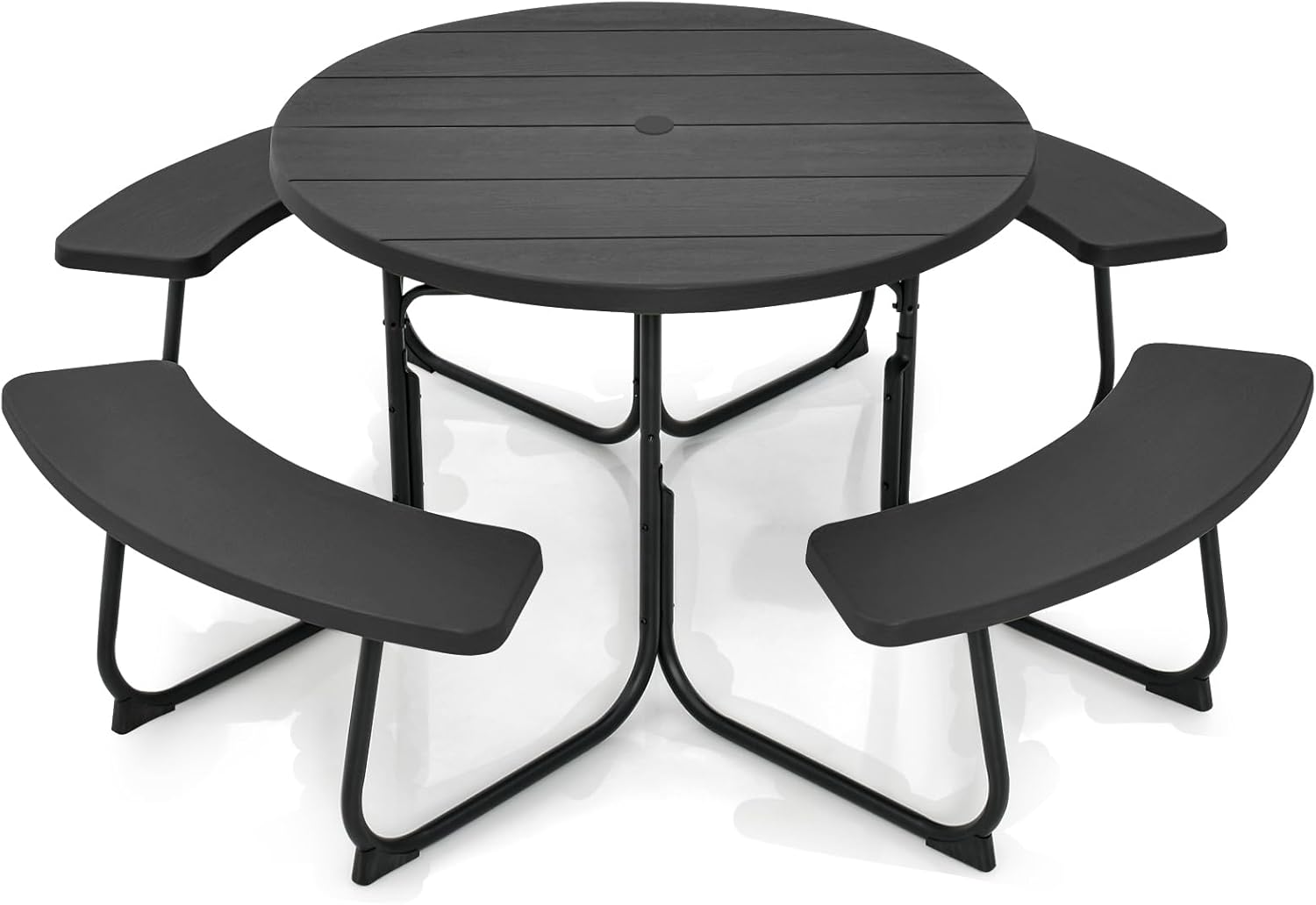 Tangkula 8 Person Picnic Table, Outdoor Round Picnic Table with 4 Built-in Benches, Umbrella Hole, Metal Frame & HDPE Tabletop, Outside Table and Bench Set for Backyard, 2300lbs Weight Capacity