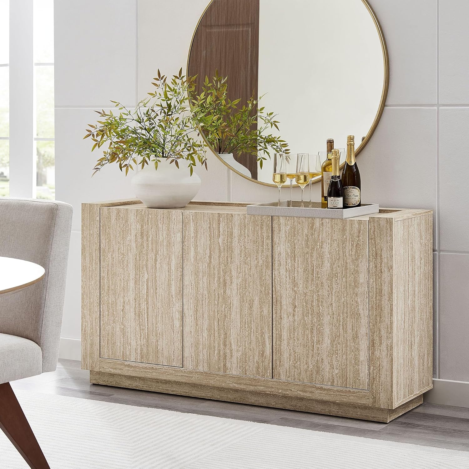 Modway Hollis Sideboard with Faux Travertine Finish - Large 59 Inch 3 Door Storage Buffet Cabinet with Adjustable Shelves for Living Room, Dining Room, Entryway, Hallway, Kitchen in Travertine