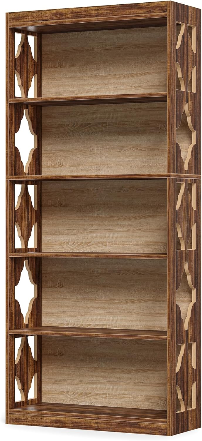 LITTLE TREE 69.9" Vintage Bookshelf, 5-Tier Tall Bookshelves, Cutout Design Vertical Bookcase, Freestanding Storage Display Shelf for Living Room, Bedroom, Study, Office, 1 Pack