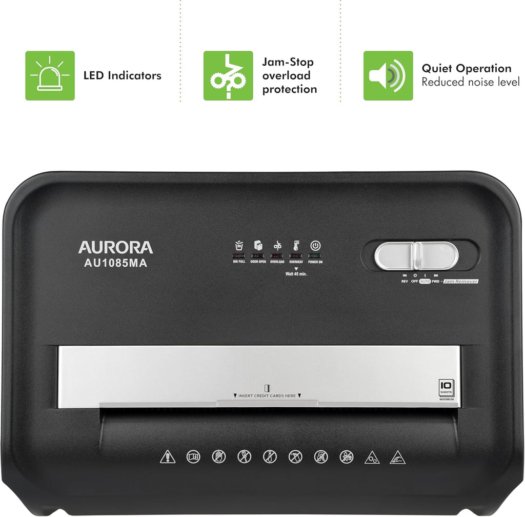 Aurora AU1085MA High-Security 10-Sheet Micro-Cut Paper and Credit Card Shredder with 4-Gallon Pullout Wastebasket/ 20 min Run Time