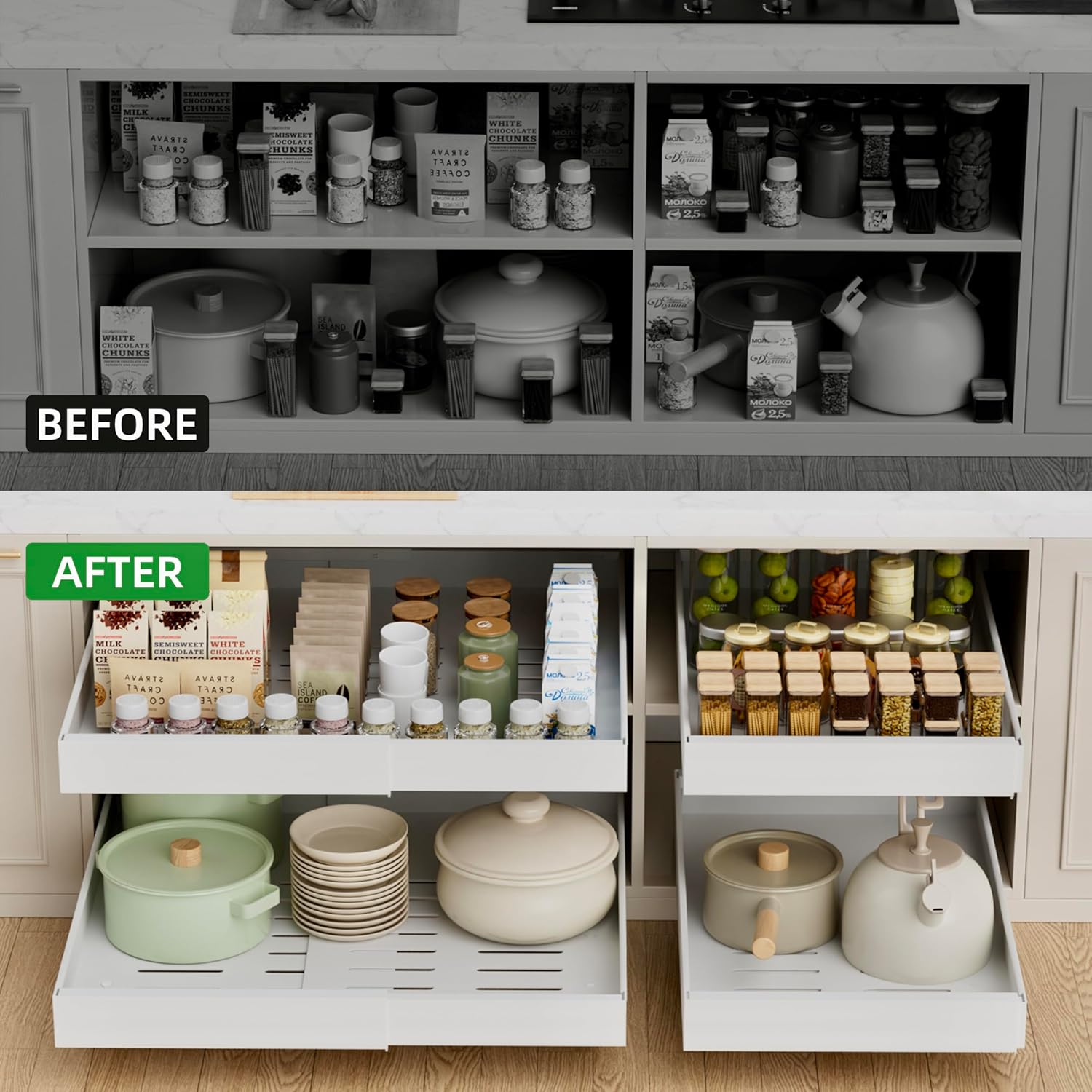 PAKETA 4 Pack Expandable Pull Out Cabinet Organizer, 21'' Deep Pull Out Drawers for Cabinets,Upgrade 3 Slide Rails Sliding Drawer for Kitchen Cabinet Organizer with Adhesive Nano Film (White)