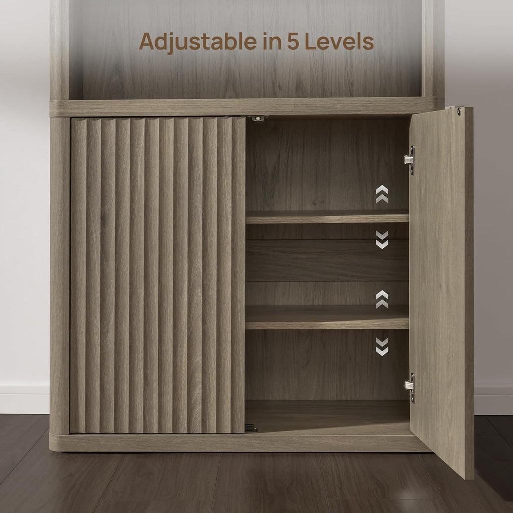 SICOTAS Book Shelf with Doors 71" Tall 6 Tier Bookshelf with Adjustable Shelves Fluted Booshelves & Bookcases Modern Book Case with Large Storage Display Cabinet for Living Room Home Office Bedroom