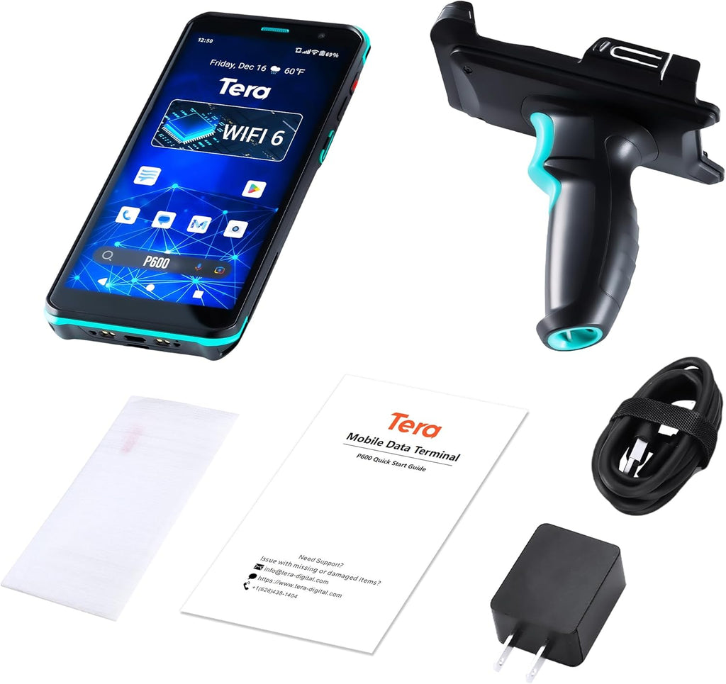 Tera Android 11 Barcode Scanner PDA: with Pistol Grip Wi-Fi 6 Ready Handheld Mobile Computer 6” Full Screen Qualcomm CPU HS7 Scan Engine IP67 Rating 4+64 GB QC 3.0 Fast Charge Inventory Scanner P600
