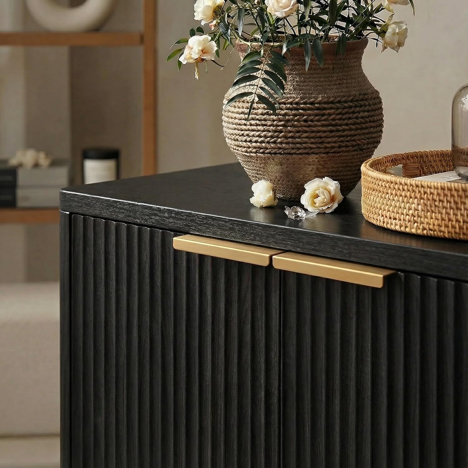 67" Fluted Buffet Cabinet Sideboard with Storage, Large Credenza with 6 Doors, Wood Mid Century Modern Sideboard for Kitchen and Living Room .Black