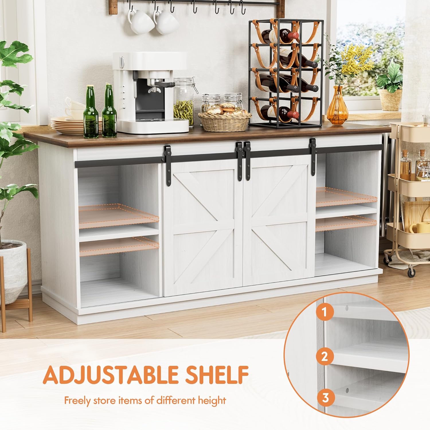 Shahoo Farmhouse Sideboard Buffet Cabinet, Coffee Bar Storage with Sliding Barn Doors, Shelf for Home Dining Room, White