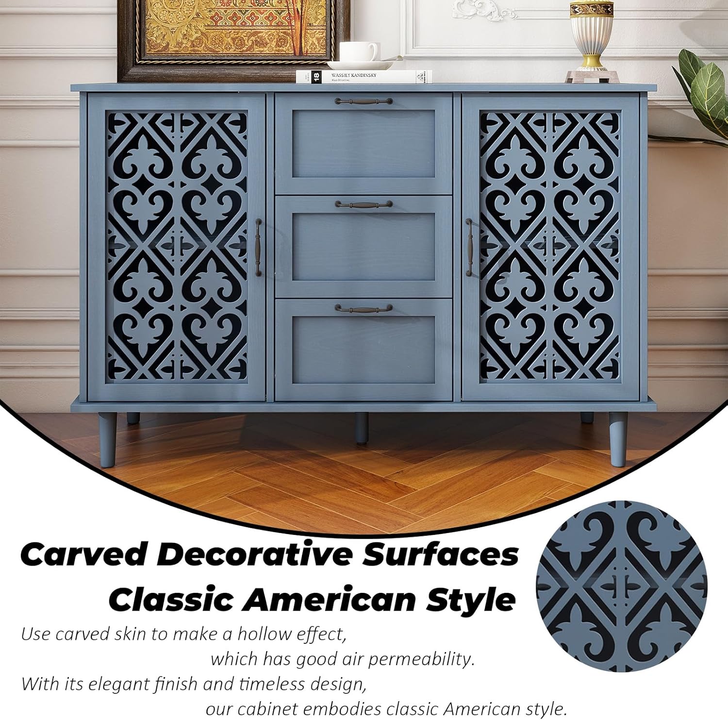 Sideboard Buffet Cabinet, American Farmhouse Blue 2 Door 3 Drawer Storage Credenza, Hollow Carved, Living Room Entryway Kitchen Dining Room Console Table, Home Furniture Decor