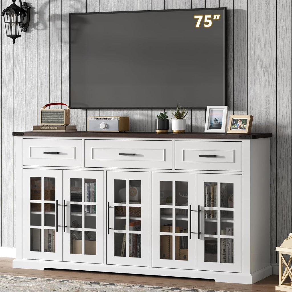 Gyfimoie 63" Sideboard Buffet Cabinet with Glass Doors, Farmhouse Large Buffet Table with 3 Storage Drawers, Modern Coffee Bar Wine Bar Cabinet with Adjustable Shelves for Kitchen, Dining Room, White