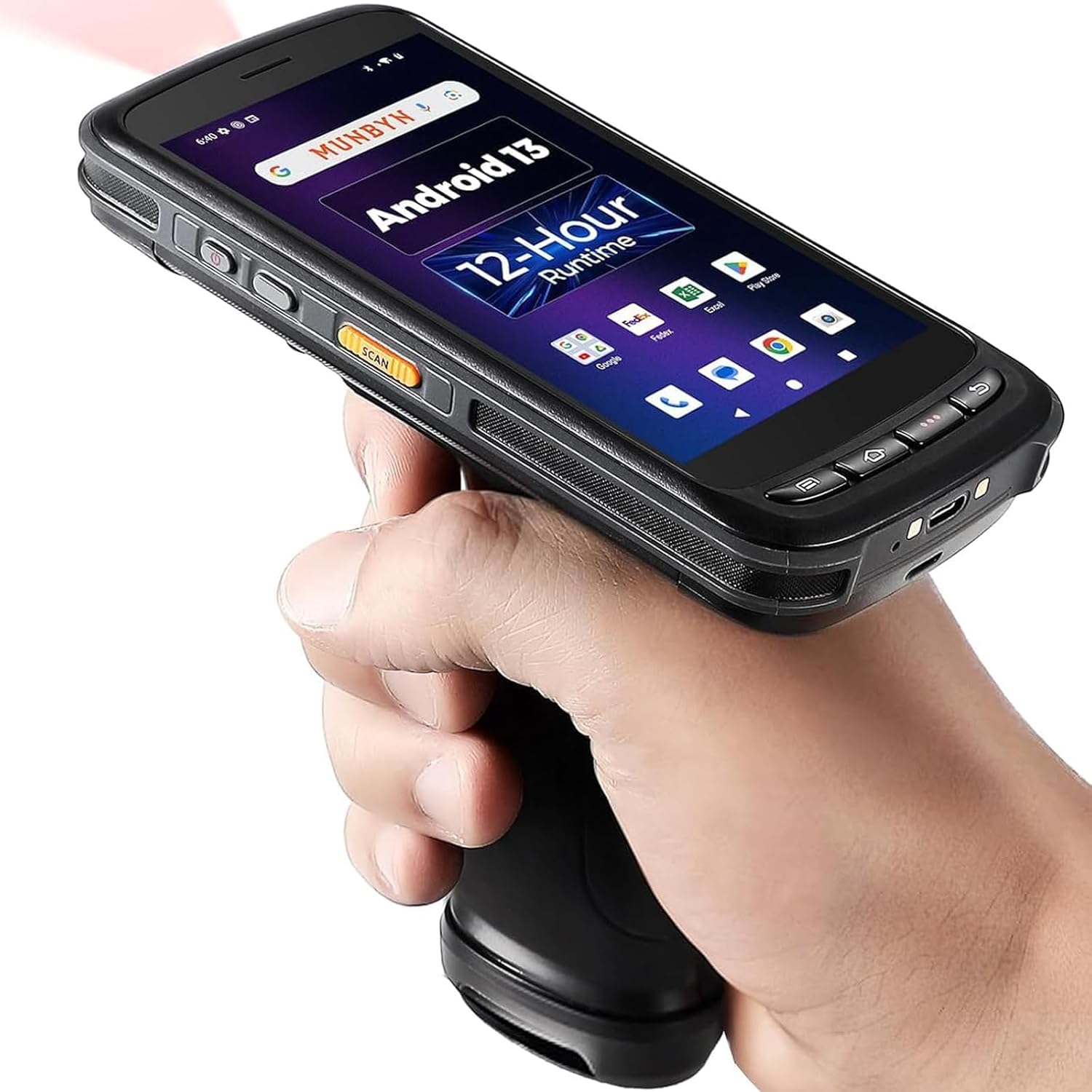 MUNBYN Android Barcode Scanner Full Screen, 8000mAh Mobile Computer, 1D/2D QR Zebra SE4710 Engine, Handheld Android 13, PDA for WMS, 4G Wi-Fi Inventory Bar Code Scanner