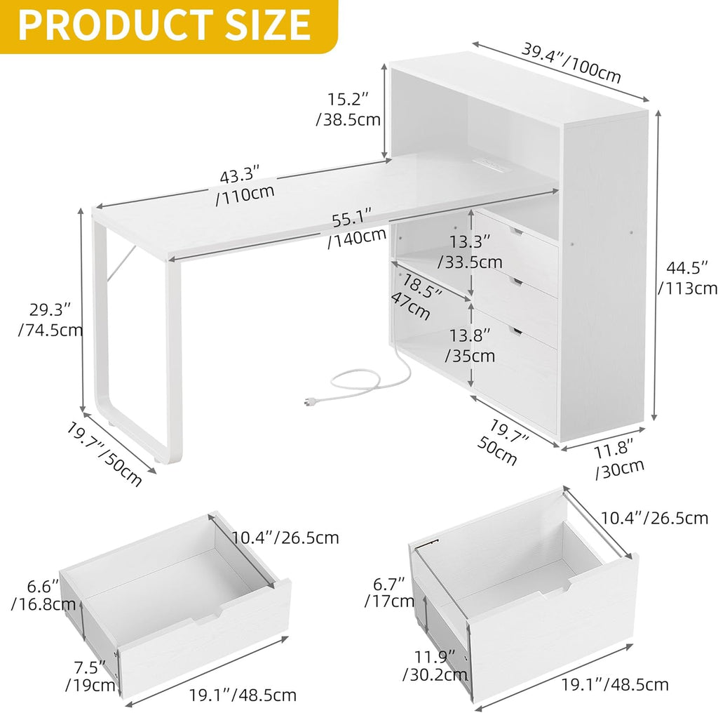 DWVO L Shaped Desk with Drawers, 55" Corner Computer Desk with Bookshelf & Power Outlets & LED Lights, Home Office Desk with Storage Shelves, White