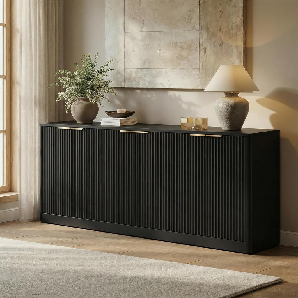 67" Fluted Buffet Cabinet Sideboard with Storage, Large Credenza with 6 Doors, Wood Mid Century Modern Sideboard for Kitchen and Living Room .Black