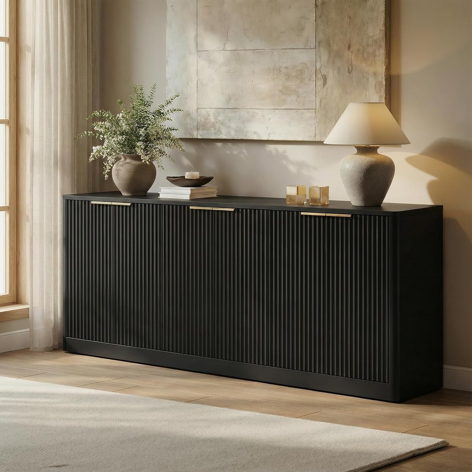 67" Fluted Buffet Cabinet Sideboard with Storage, Large Credenza with 6 Doors, Wood Mid Century Modern Sideboard for Kitchen and Living Room .Black