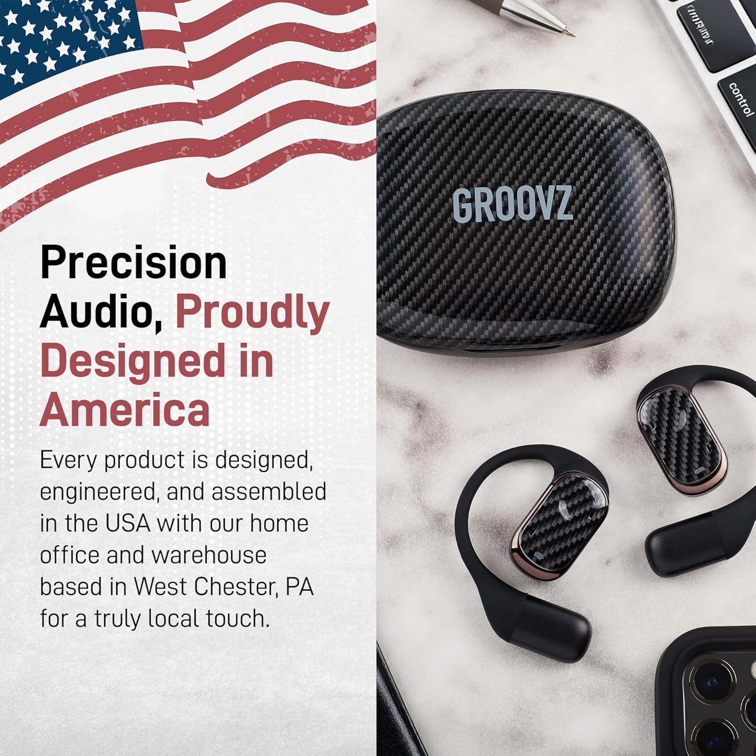 Groovz Open-Ear Plus True Wireless Headphones with Battery Display - Designed & Engineered in the USA - Multi-Point Pairing Bluetooth Open Ear Earbuds Compatible with Apple & Android - Carbon Fiber