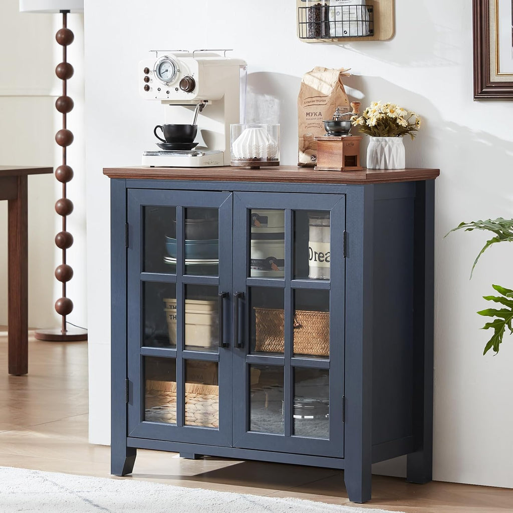 Joaxswe Large Sideboard Buffet Cabinet with Storage, 32" Farmhouse Navy Blue Kitchen Coffee Wine Bar Cabinet with 2 Glass Doors, Wood Mid Century Modern Side Board Table for Dining Room, Living Room