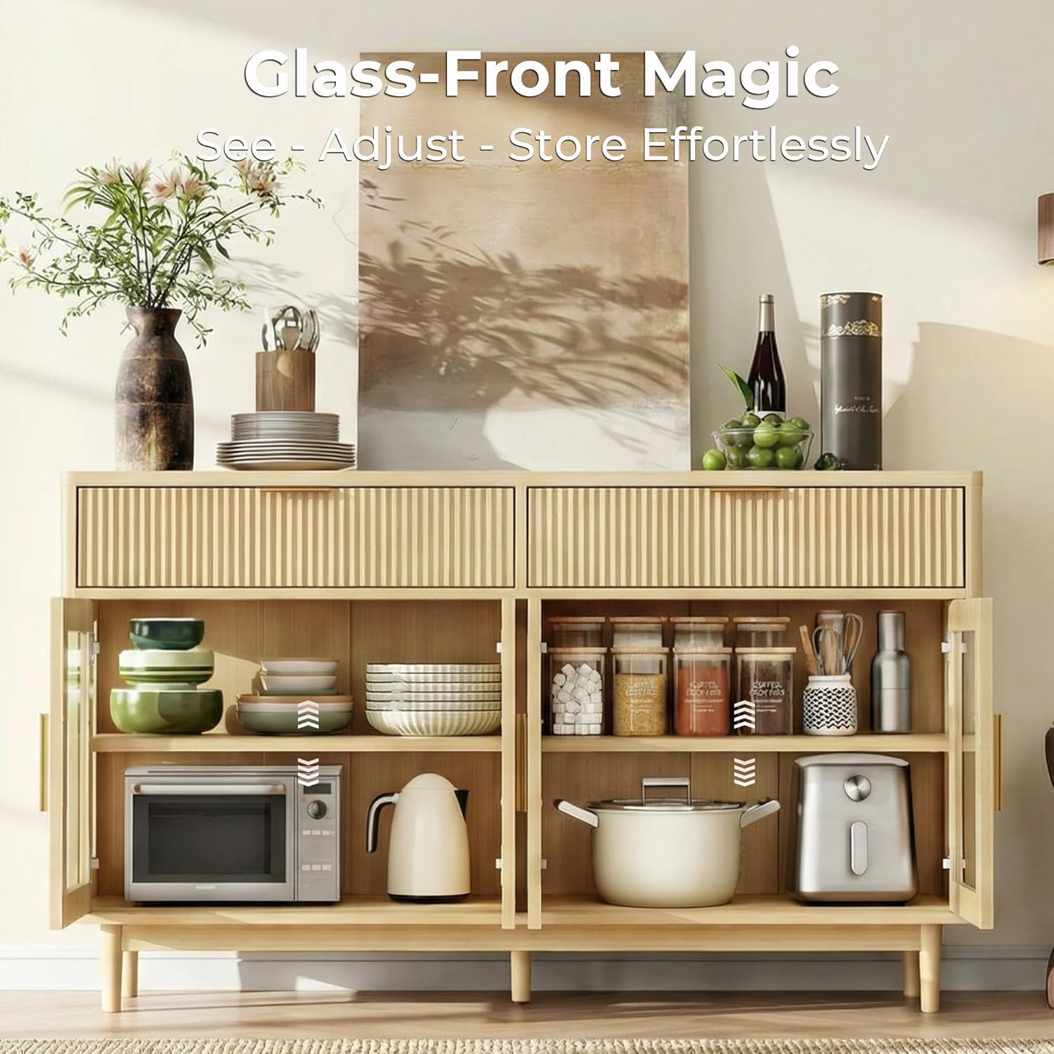 IRONCK 59'' Sideboard Buffet Cabinet with Drawers, Modern Kitchen Storage Cabinet with Adjustable Shelves and Tempered Glass Doors, Wood Coffee Bar for Kitchen, Living Room, Oak