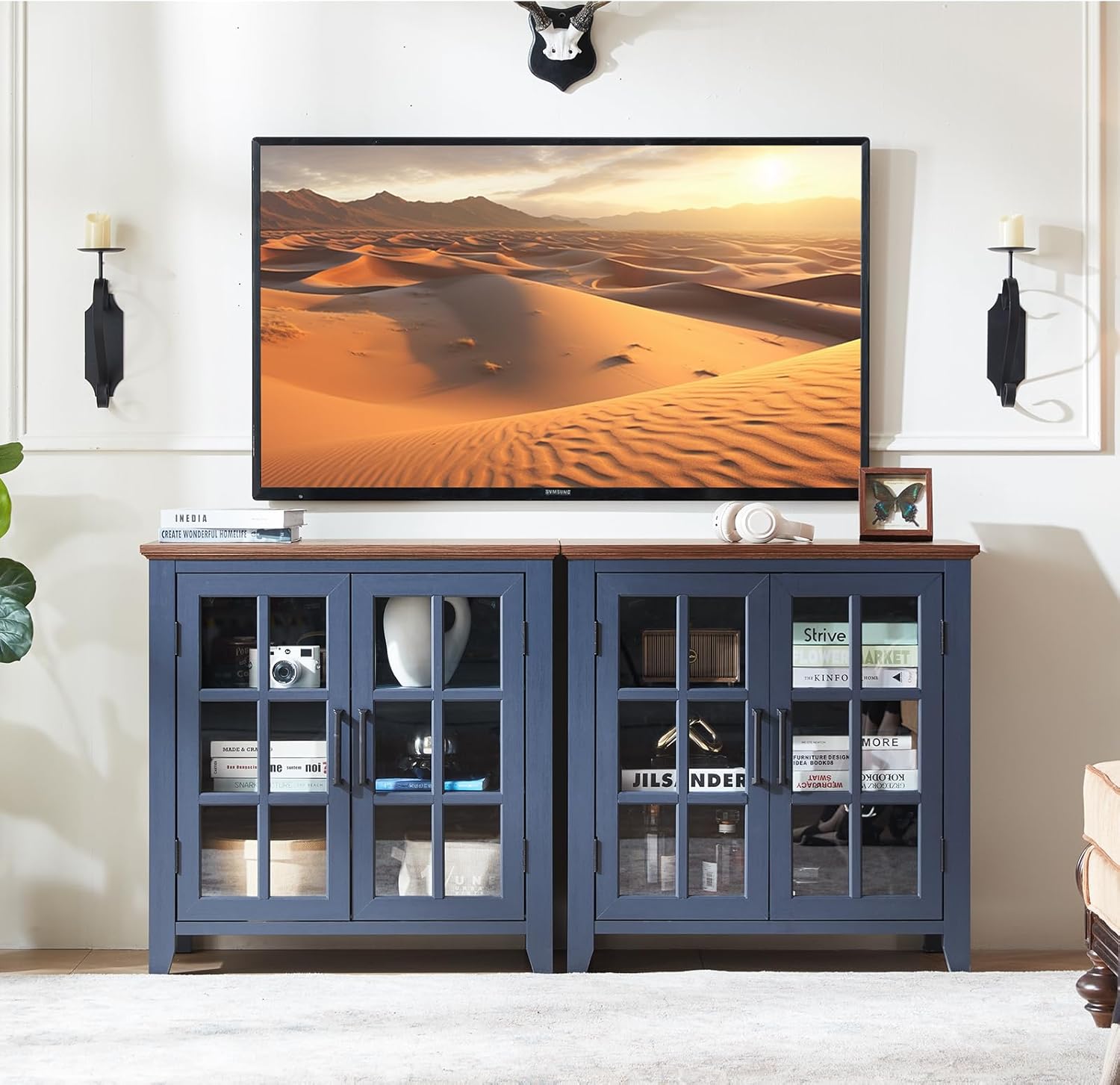 Joaxswe Large Sideboard Buffet Cabinet with Storage, 32" Farmhouse Navy Blue Kitchen Coffee Wine Bar Cabinet with 2 Glass Doors, Wood Mid Century Modern Side Board Table for Dining Room, Living Room
