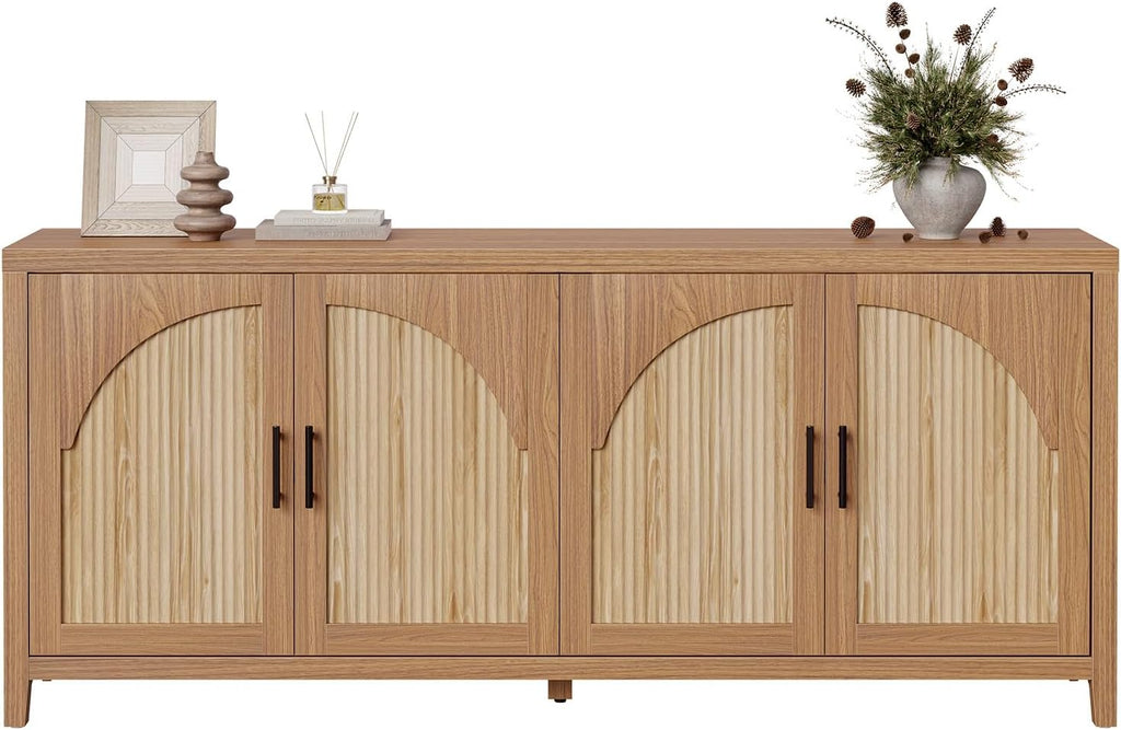 Bestier 70" Sideboard Buffet Cabinet with Storage, Large Modern Storage Credenza with Arch Fluted Doors & Adjustable Shelves, Farmhouse Wood Coffee Bar for Living Room, Kitchen, Entryway, English Oak
