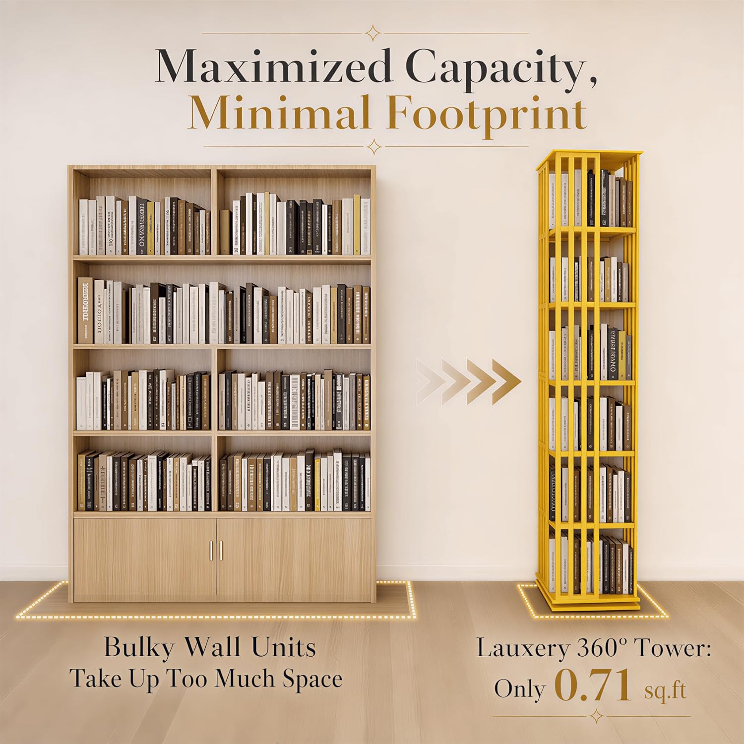 Lauxery Rotating Bookshelf Tower– 6 Tier 360° Spinning Bookshelf | Space-Saving Floor Standing Bamboo Revolving Bookcase for Small Space, Home Offices & Reading Corners | Gold