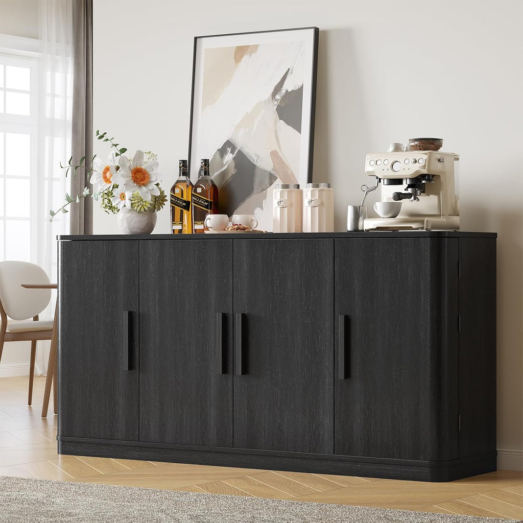 ONBRILL 63" Curved Buffet Cabinet with Storage and 4 Doors, Large Sideboard Buffet Storage Cabinet with Adjustable Shelves, Modern Coffee Bar Table for Dining Room, Living Room, Entryway (Black)