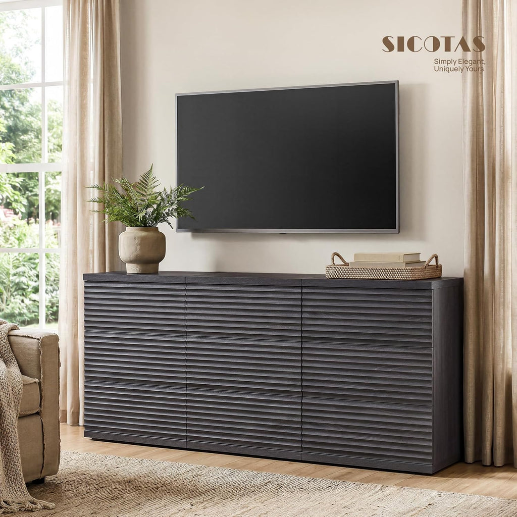 SICOTAS Sideboard Buffet Storage Cabinet, Fluted Credenza Liquor Cabinet with 3 Drawers, Mid Century Modern Coffee Bar Cabinet Console Table for Kitchen Hallway (3 Pieces)