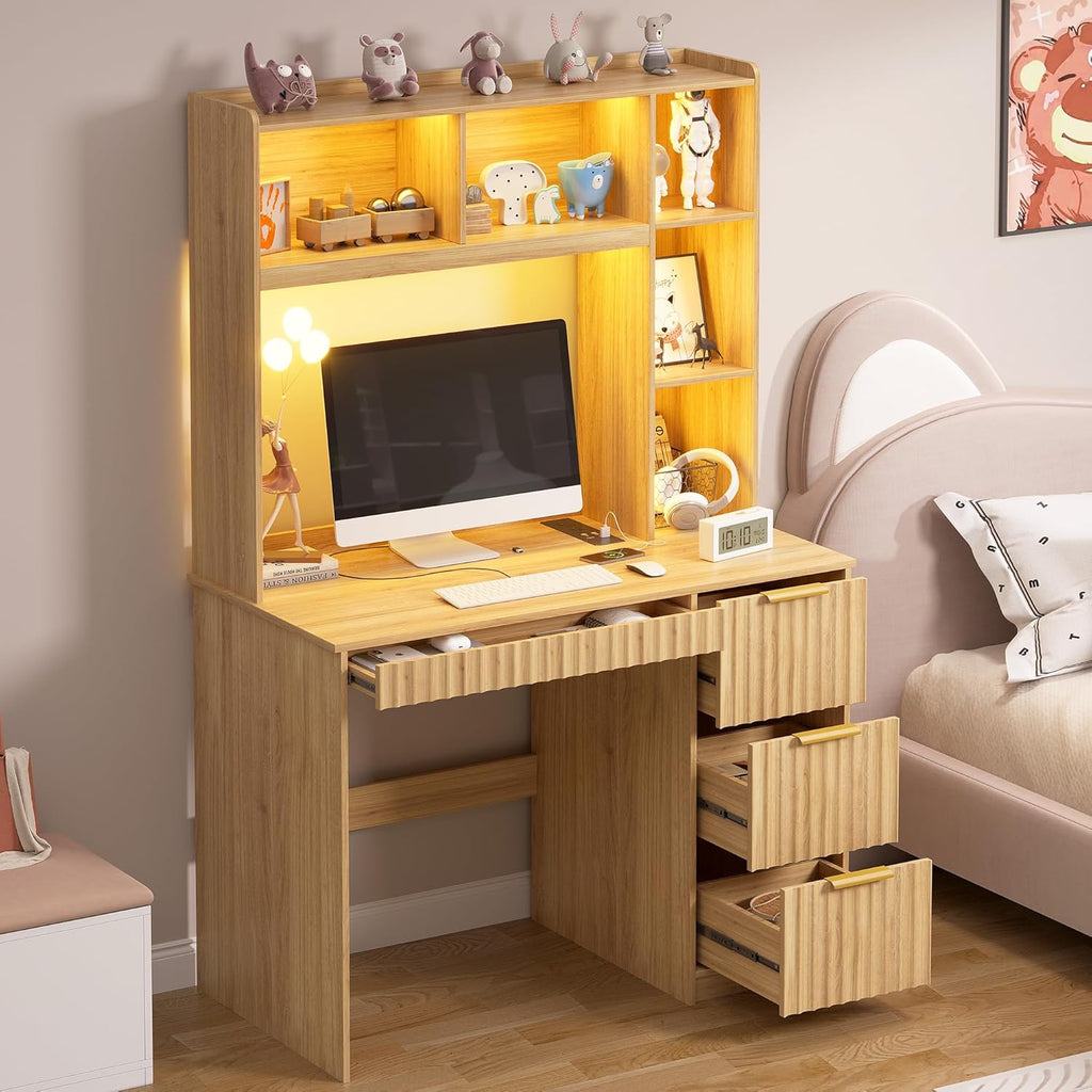 Gurexl 40'' Home Office Desk - with Hutch and 3 Color LED Lights,Computer Desk with Drawers, Power Outlet & USB Charging Station,Modern Writing Study Table with Storage Shelve for Bedroom,Natural