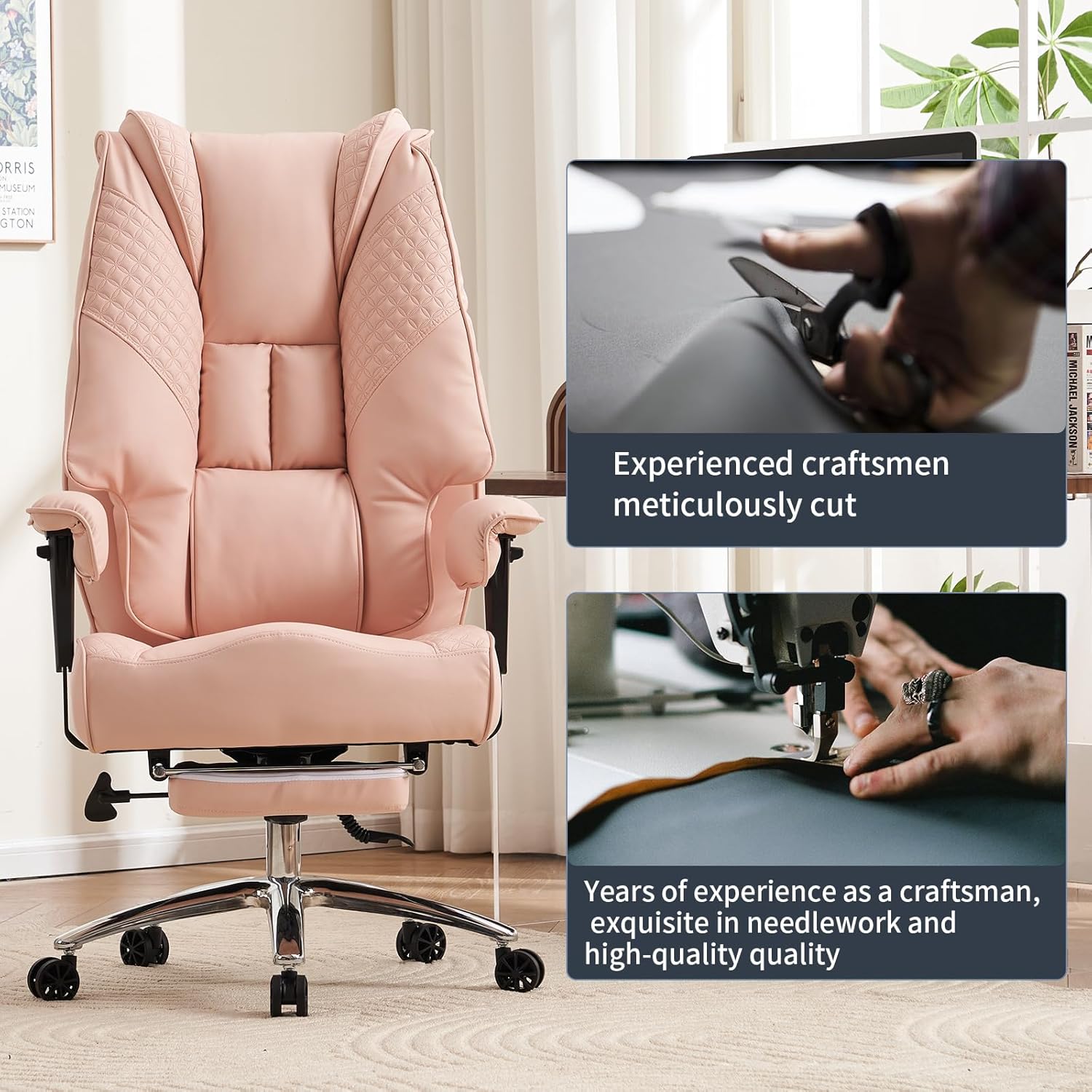EXCEBET Big and Tall Office Chair 400lbs Wide Seat, Leather High Back Executive Office Chair with Foot Rest, Ergonomic Chairs Lumbar Support for Lower Back Pain Relief (Light Pink)
