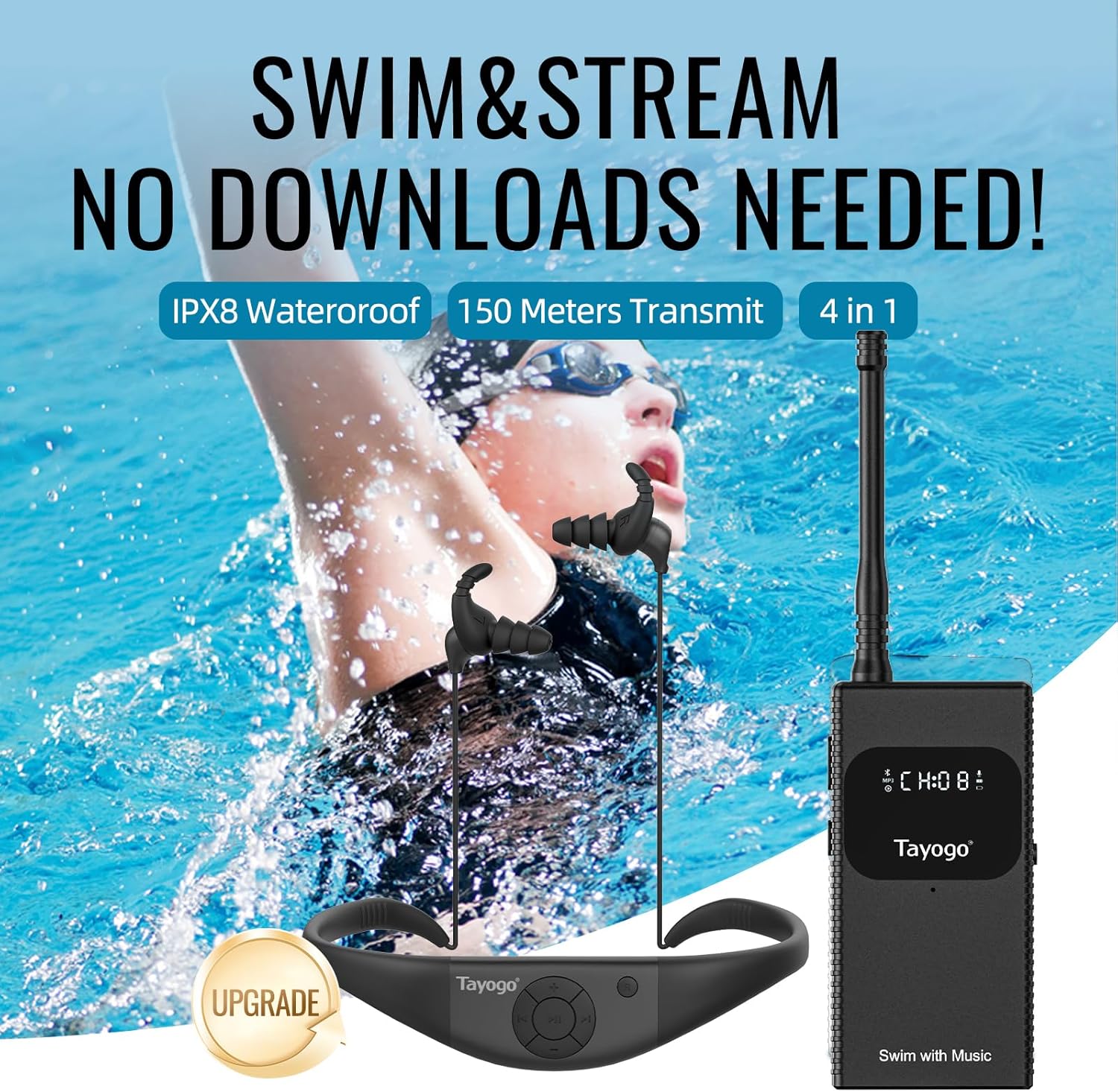 Tayogo T6+W18 Swim Music Combo – Waterproof Swimming MP3 Player + Bluetooth Transmitter | No Need to Download Music, Support Spotify, Swim with Your Stream APP
