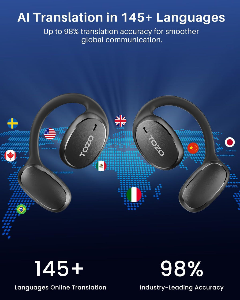 TOZO Real-Time AI Translation Earbuds, 80H Playtime Translator Ear Buds, Digital Display, AI Clear Calls, Comfortable Wear Open Ear Earbuds, AI Bluetooth Headphone for Travel Meeting Learning, Black