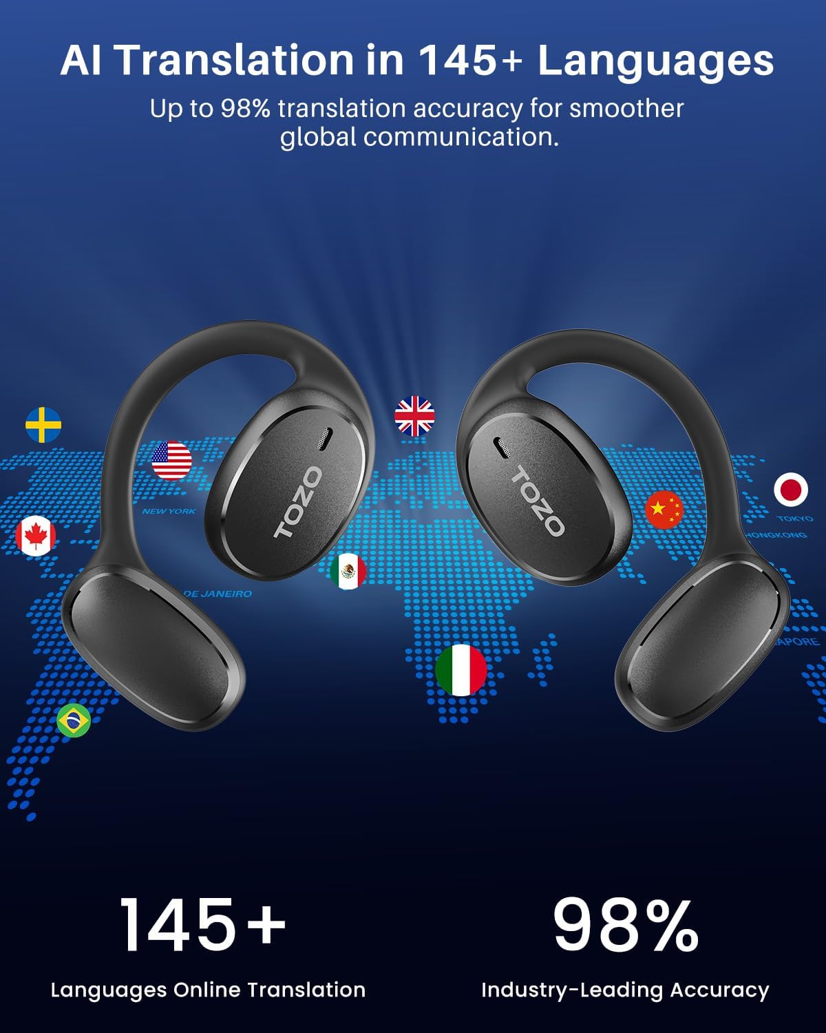 TOZO Real-Time AI Translation Earbuds, 80H Playtime Translator Ear Buds, Digital Display, AI Clear Calls, Comfortable Wear Open Ear Earbuds, AI Bluetooth Headphone for Travel Meeting Learning, Black